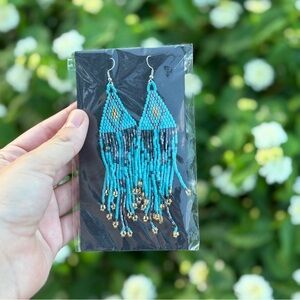 NEW Turquoise, Black, Gray & Gold Beaded Earrings